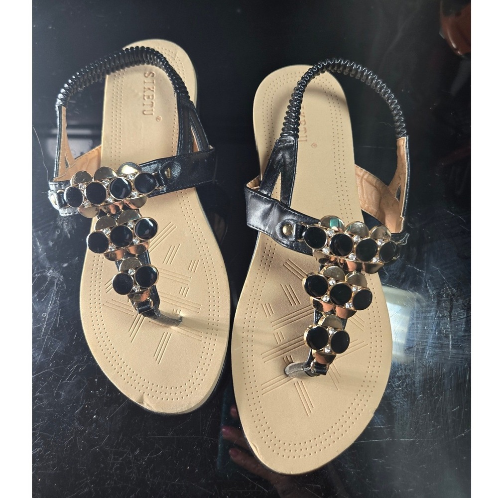 SIKETU Women Black Embellished Thong Wedge Sandals Size 7.5